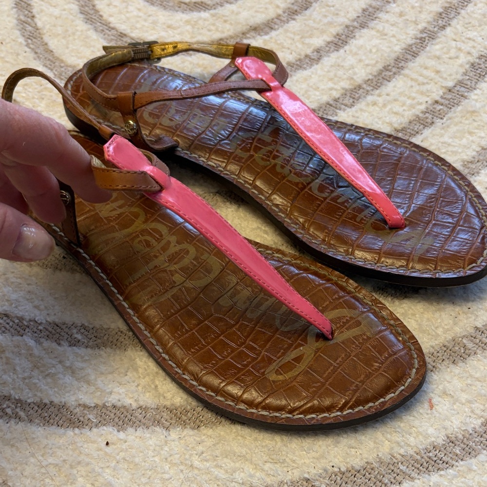 Sam Edelman Tan and Pink T-Strap Sandals